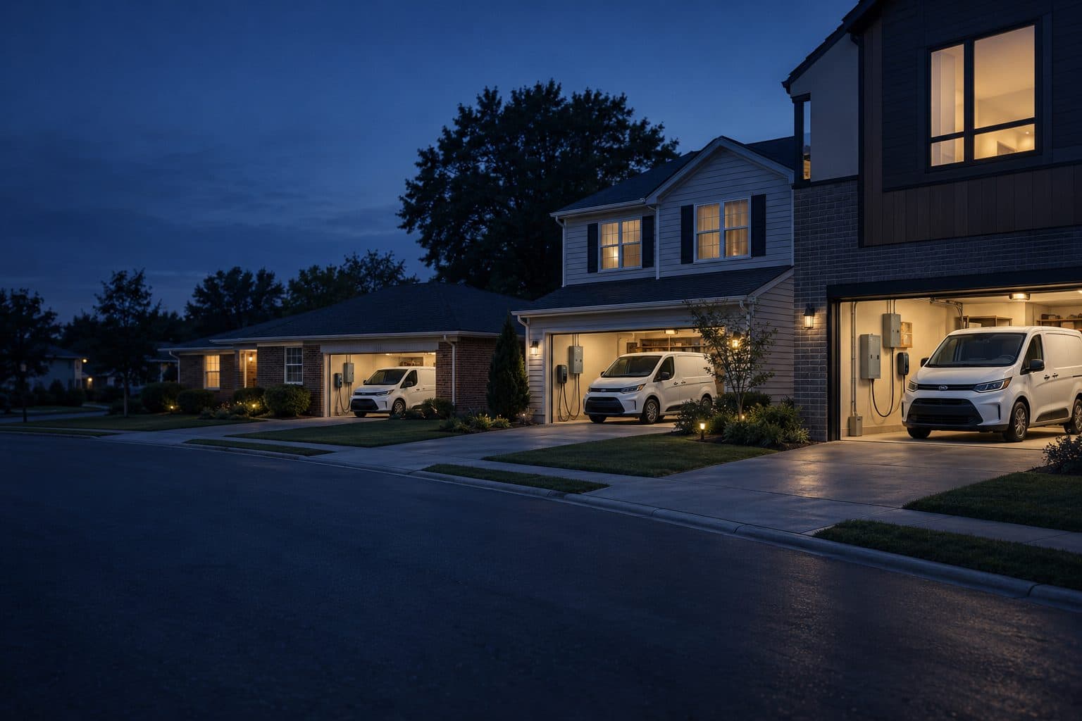 Three identical white work vans parked at three different homes, each garage open with its own electrical panel