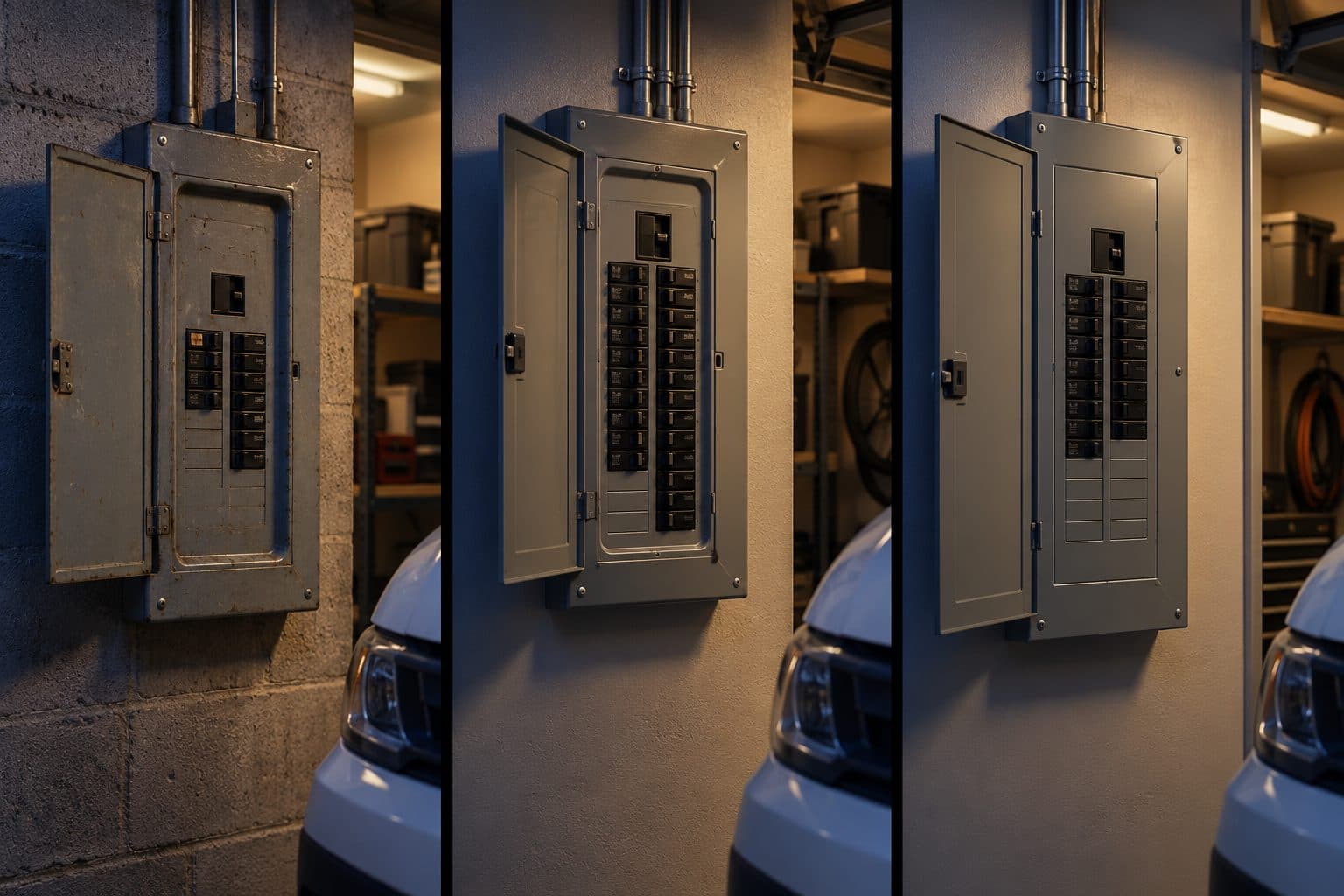 Three different residential electrical panels: an older panel, a full panel and a newer panel with open slots